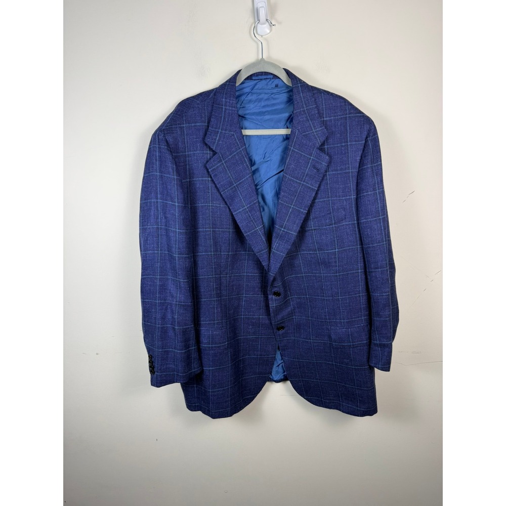 Kiton Napoli Blue Cashmere Silk Linen Windowpane Blazer Sport Coat 56R US 66 EU